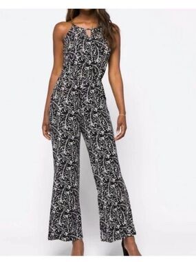 Sleeveless Black & White Print Halter Jumpsuit